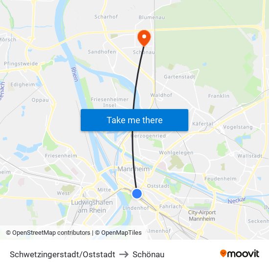 Schwetzingerstadt/Oststadt to Schönau map