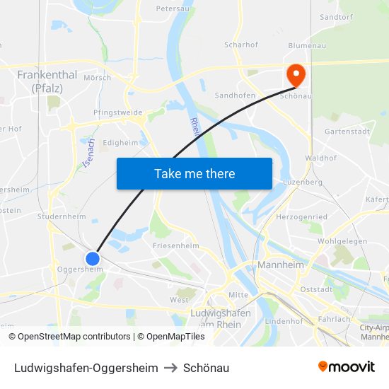 Ludwigshafen-Oggersheim to Schönau map