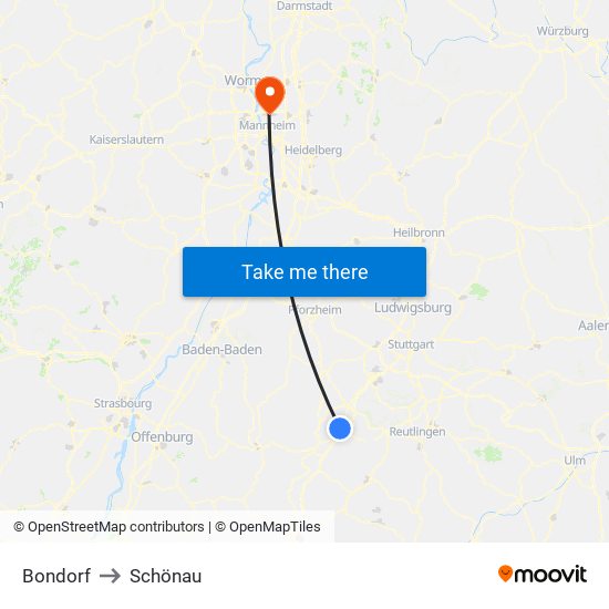 Bondorf to Schönau map