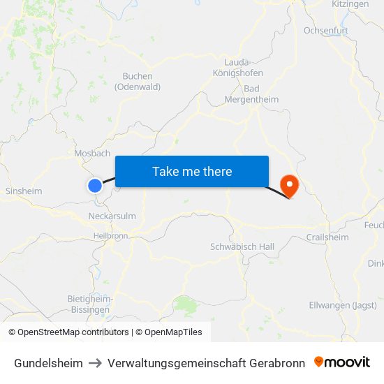 Gundelsheim to Verwaltungsgemeinschaft Gerabronn map