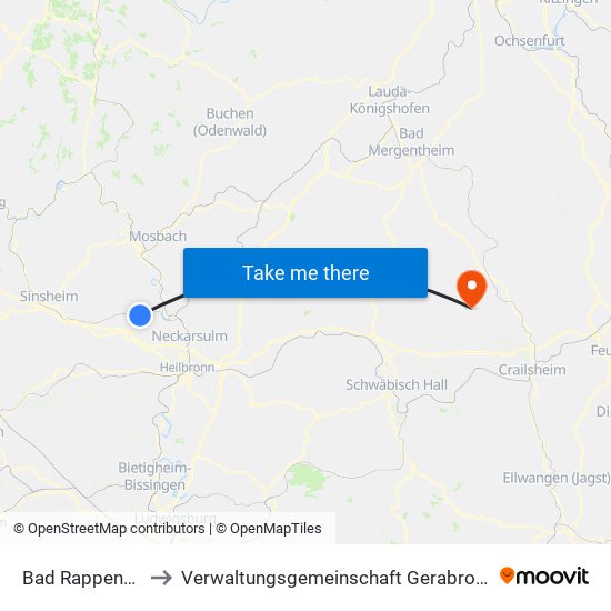 Bad Rappenau to Verwaltungsgemeinschaft Gerabronn map