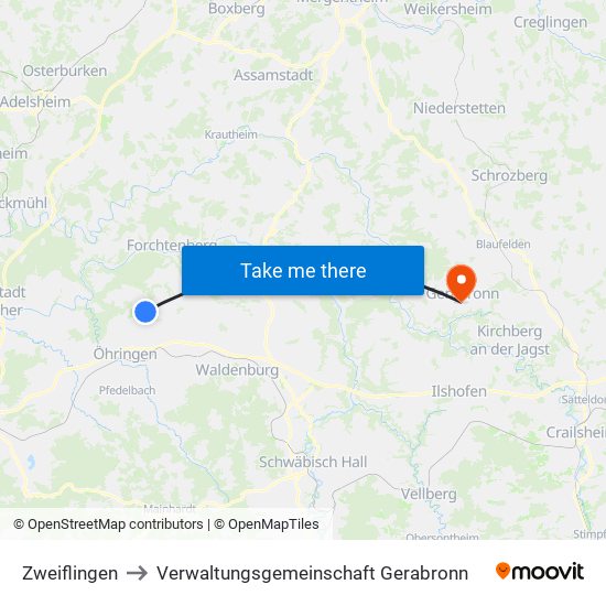 Zweiflingen to Verwaltungsgemeinschaft Gerabronn map