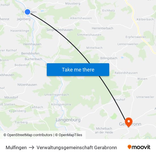 Mulfingen to Verwaltungsgemeinschaft Gerabronn map