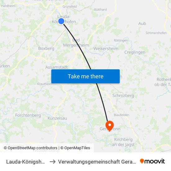 Lauda-Königshofen to Verwaltungsgemeinschaft Gerabronn map