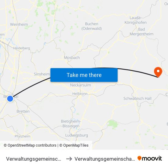 Verwaltungsgemeinschaft Bruchsal to Verwaltungsgemeinschaft Gerabronn map