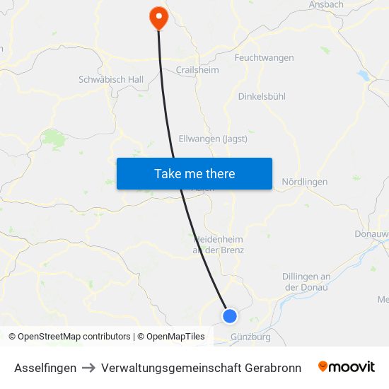 Asselfingen to Verwaltungsgemeinschaft Gerabronn map