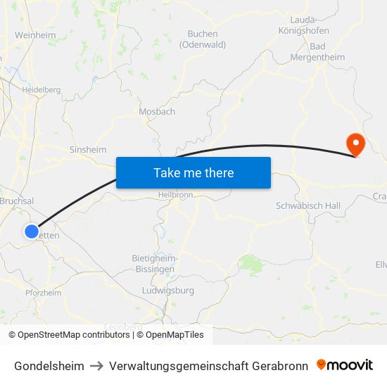 Gondelsheim to Verwaltungsgemeinschaft Gerabronn map
