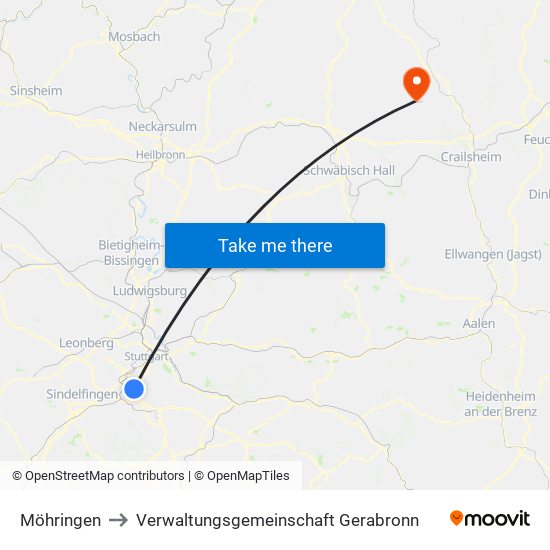 Möhringen to Verwaltungsgemeinschaft Gerabronn map