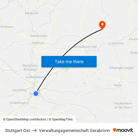 Stuttgart-Ost to Verwaltungsgemeinschaft Gerabronn map