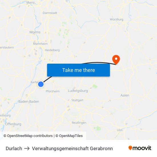 Durlach to Verwaltungsgemeinschaft Gerabronn map