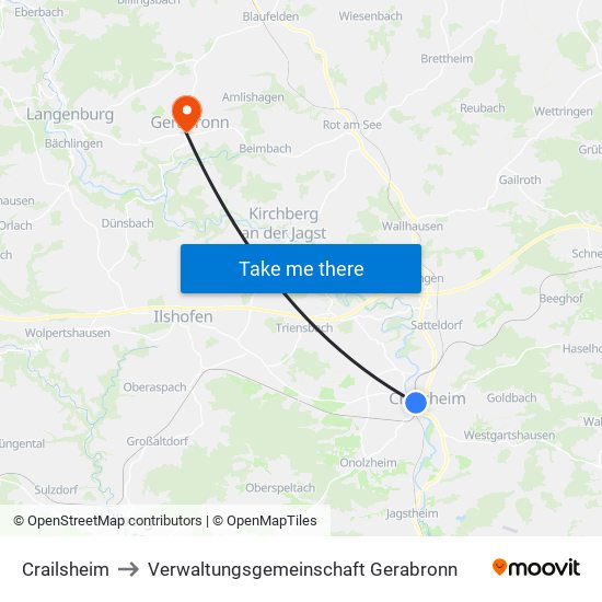 Crailsheim to Verwaltungsgemeinschaft Gerabronn map