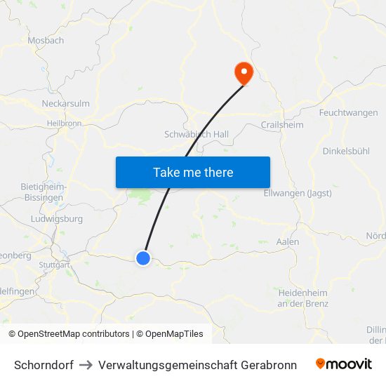 Schorndorf to Verwaltungsgemeinschaft Gerabronn map