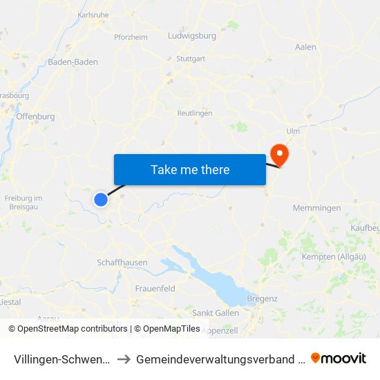 Villingen-Schwenningen to Gemeindeverwaltungsverband Laupheim map