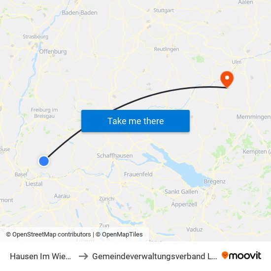 Hausen Im Wiesental to Gemeindeverwaltungsverband Laupheim map