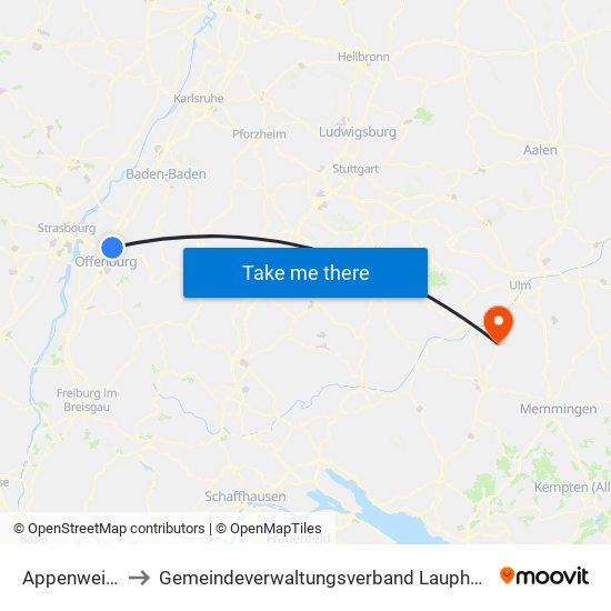 Appenweier to Gemeindeverwaltungsverband Laupheim map