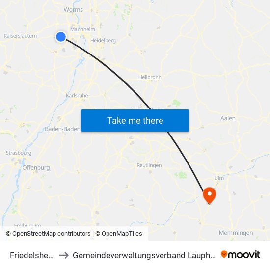 Friedelsheim to Gemeindeverwaltungsverband Laupheim map