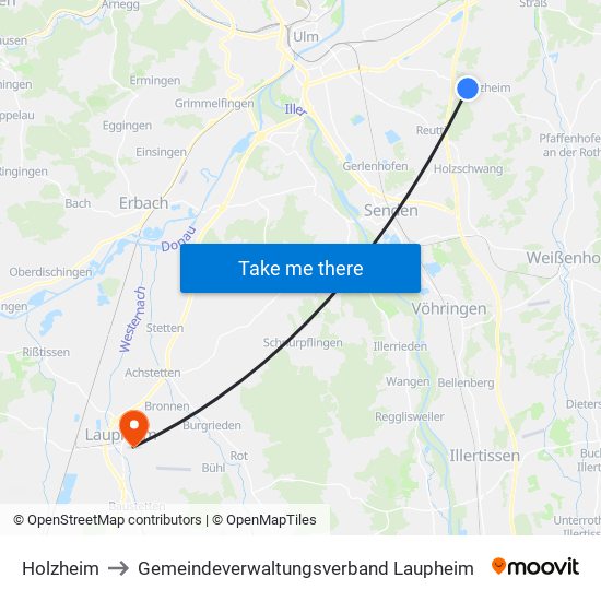 Holzheim to Gemeindeverwaltungsverband Laupheim map