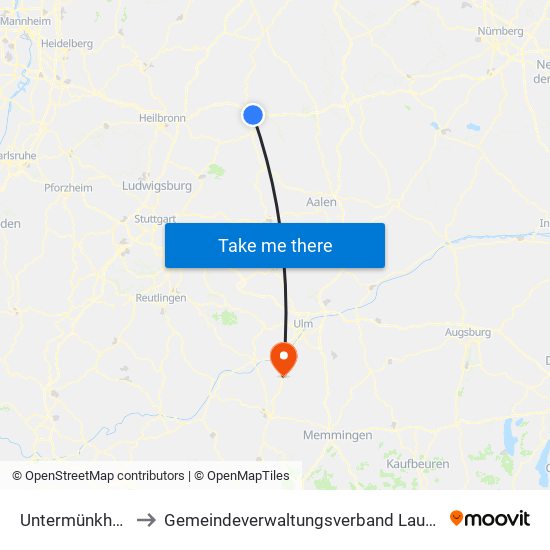 Untermünkheim to Gemeindeverwaltungsverband Laupheim map