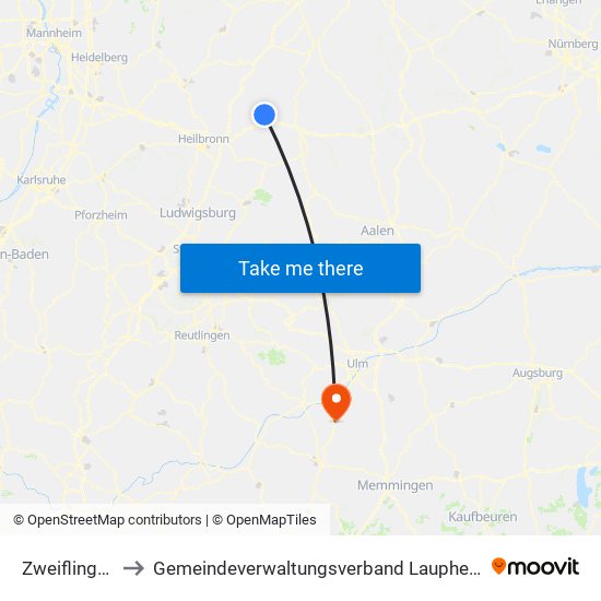 Zweiflingen to Gemeindeverwaltungsverband Laupheim map