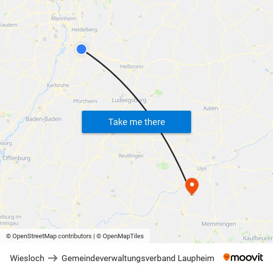 Wiesloch to Gemeindeverwaltungsverband Laupheim map