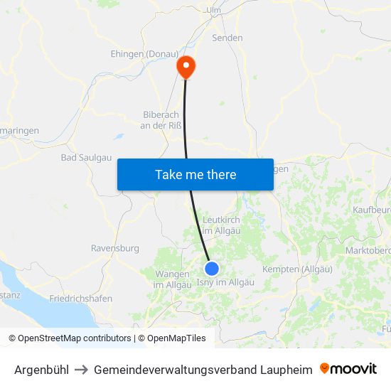Argenbühl to Gemeindeverwaltungsverband Laupheim map