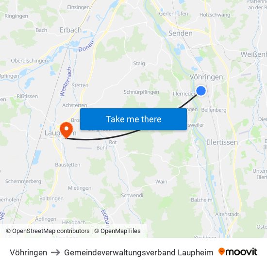 Vöhringen to Gemeindeverwaltungsverband Laupheim map