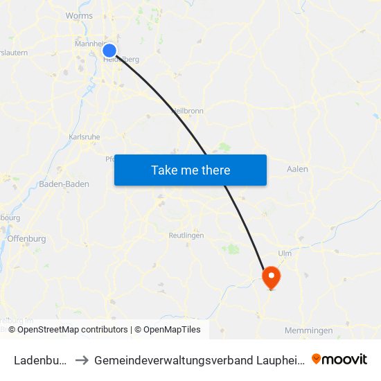 Ladenburg to Gemeindeverwaltungsverband Laupheim map