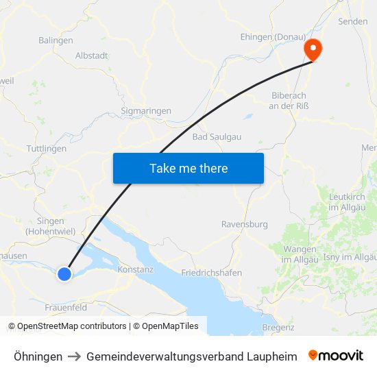 Öhningen to Gemeindeverwaltungsverband Laupheim map