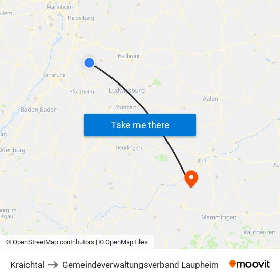 Kraichtal to Gemeindeverwaltungsverband Laupheim map