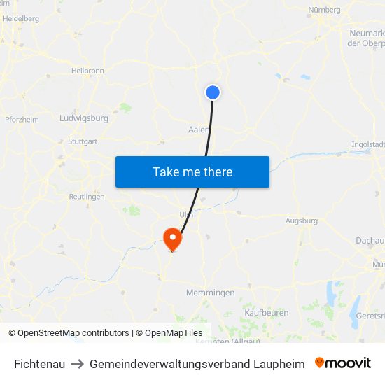 Fichtenau to Gemeindeverwaltungsverband Laupheim map