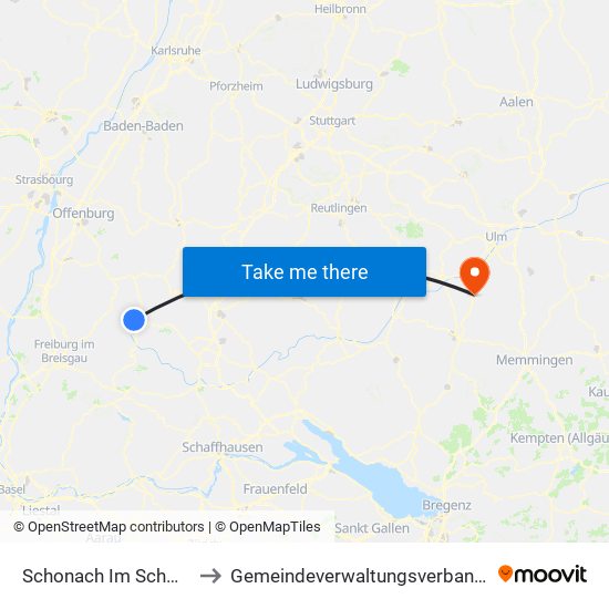 Schonach Im Schwarzwald to Gemeindeverwaltungsverband Laupheim map