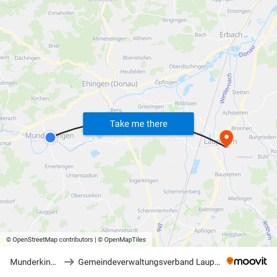 Munderkingen to Gemeindeverwaltungsverband Laupheim map