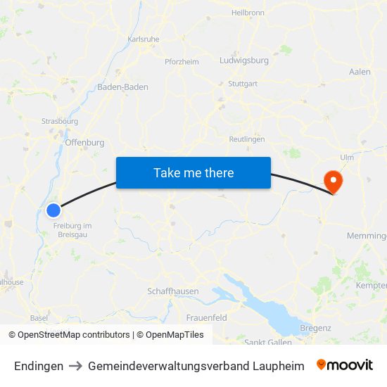 Endingen to Gemeindeverwaltungsverband Laupheim map