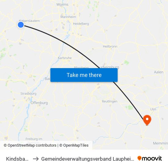 Kindsbach to Gemeindeverwaltungsverband Laupheim map