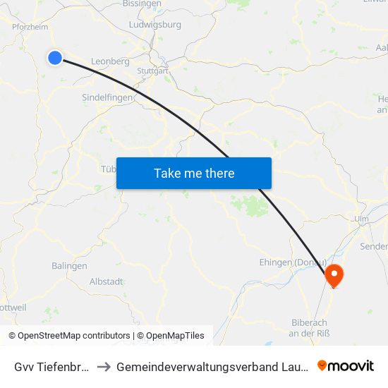 Gvv Tiefenbronn to Gemeindeverwaltungsverband Laupheim map