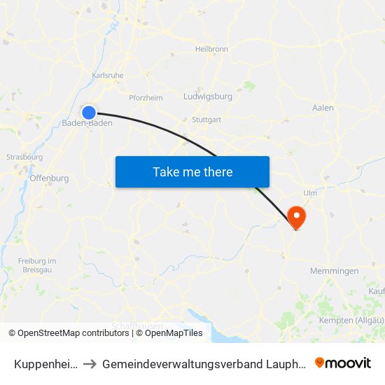 Kuppenheim to Gemeindeverwaltungsverband Laupheim map