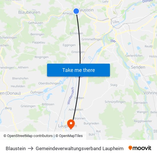 Blaustein to Gemeindeverwaltungsverband Laupheim map