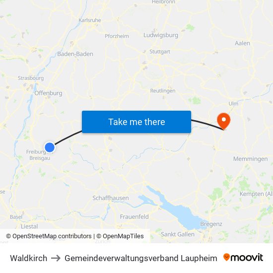 Waldkirch to Gemeindeverwaltungsverband Laupheim map