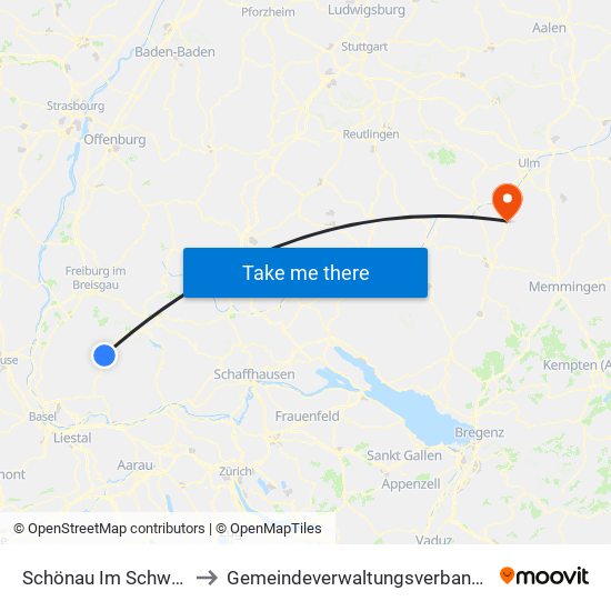 Schönau Im Schwarzwald to Gemeindeverwaltungsverband Laupheim map