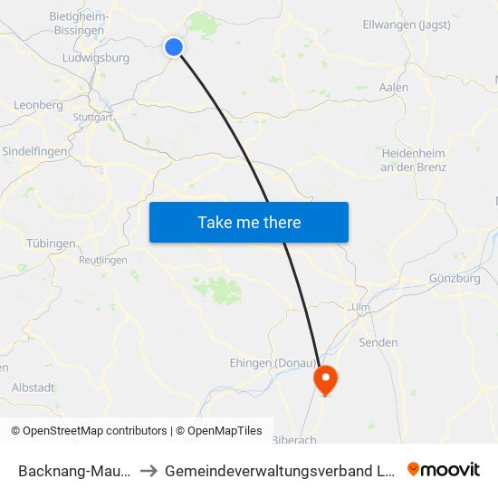 Backnang-Maubach to Gemeindeverwaltungsverband Laupheim map