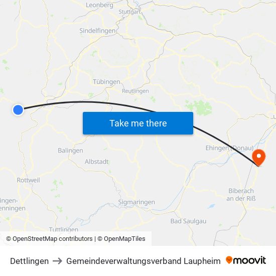 Dettlingen to Gemeindeverwaltungsverband Laupheim map