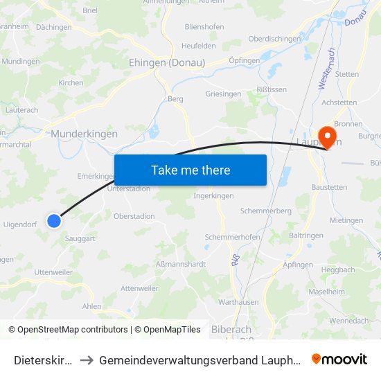 Dieterskirch to Gemeindeverwaltungsverband Laupheim map