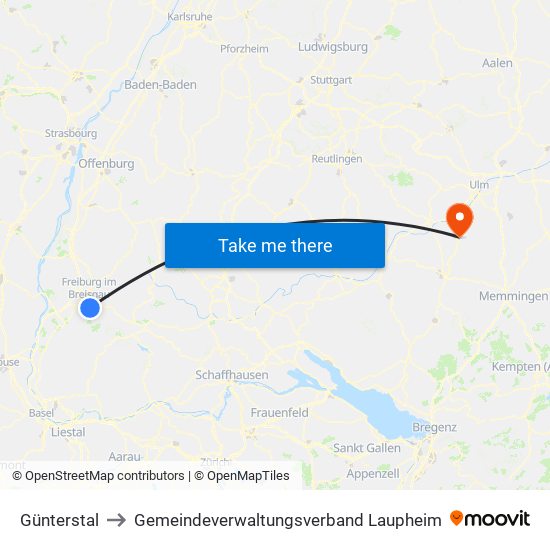 Günterstal to Gemeindeverwaltungsverband Laupheim map