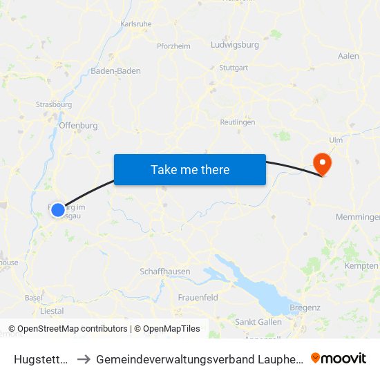 Hugstetten to Gemeindeverwaltungsverband Laupheim map
