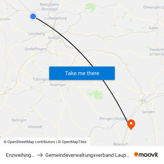 Enzweihingen to Gemeindeverwaltungsverband Laupheim map