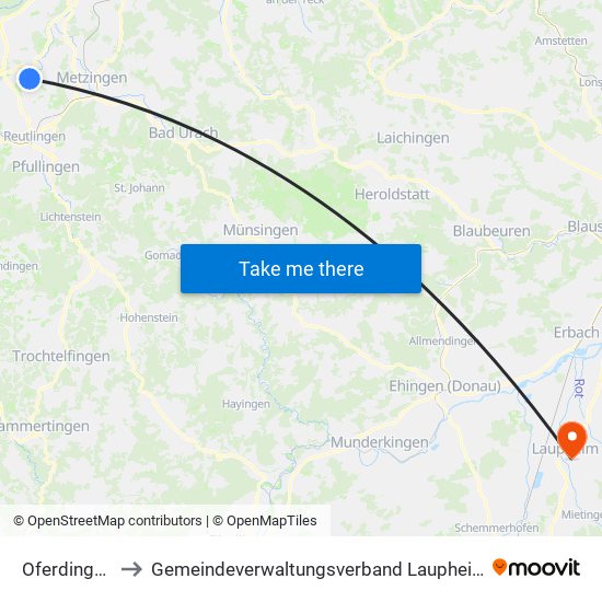 Oferdingen to Gemeindeverwaltungsverband Laupheim map