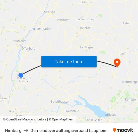 Nimburg to Gemeindeverwaltungsverband Laupheim map