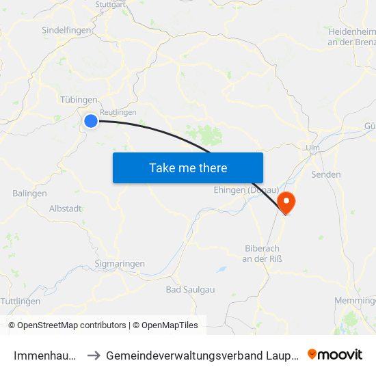 Immenhausen to Gemeindeverwaltungsverband Laupheim map