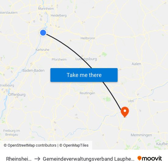 Rheinsheim to Gemeindeverwaltungsverband Laupheim map