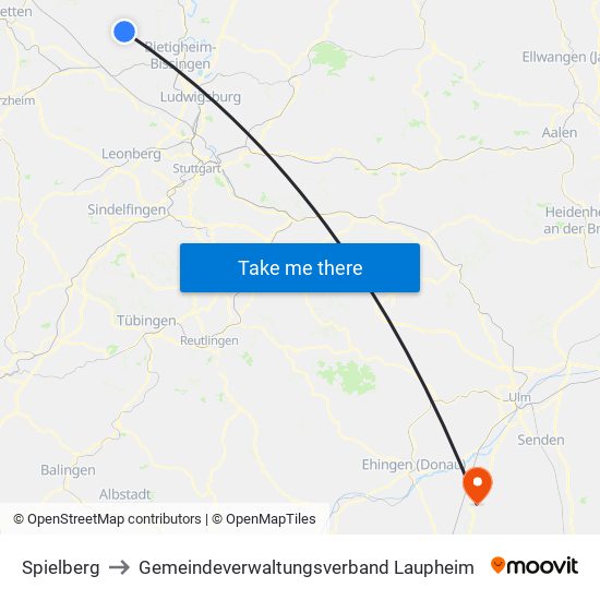 Spielberg to Gemeindeverwaltungsverband Laupheim map